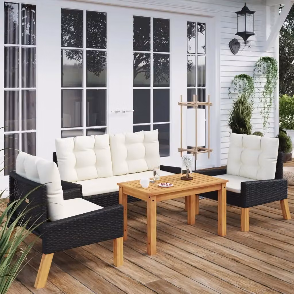 Set da giardino moderno composto da divano a 2 posti con braccioli e tavolino da caffè, realizzato in rattan, legno di acacia oliato e metallo con cuscini inclusi in bianco e nero – 2