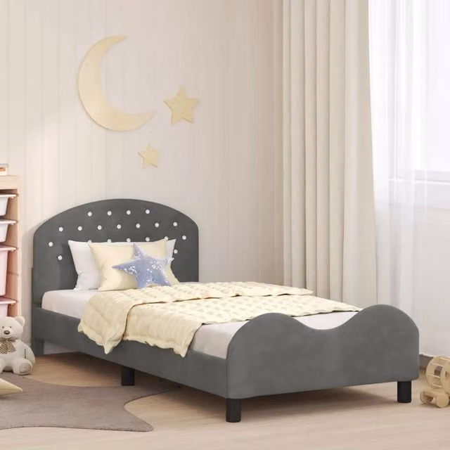 Struttura letto per bambini con testata e giroletto in tessuto velluto Grigio, L 90 cm x P 200 cm x H 85 cm – 1