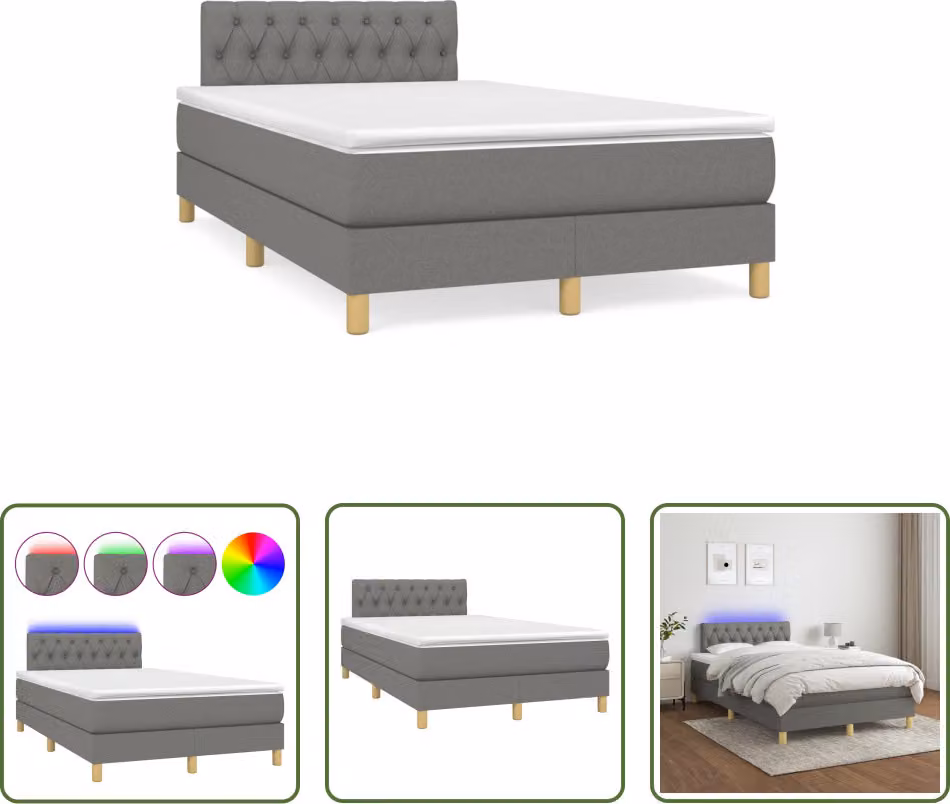 The Living Store Letto a molle con materasso e LED in tessuto grigio scuro 120x190 cm