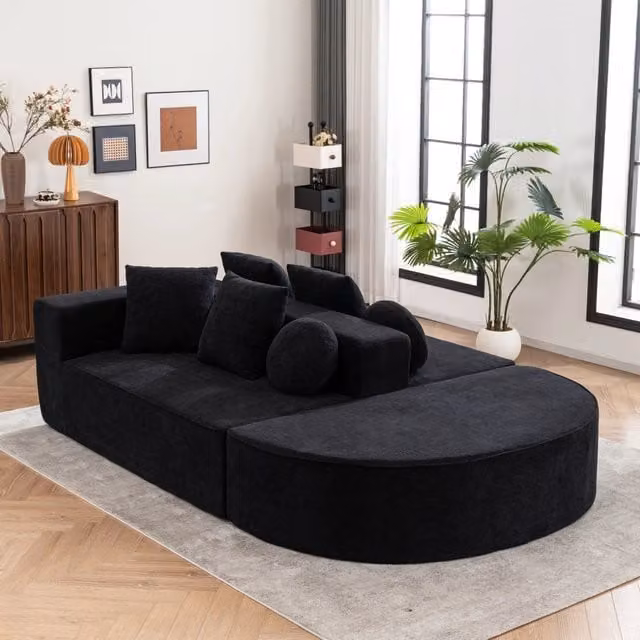 Divano modulare Zephmum in tessuto chenille nero con funzione letto e cuscini inclusi