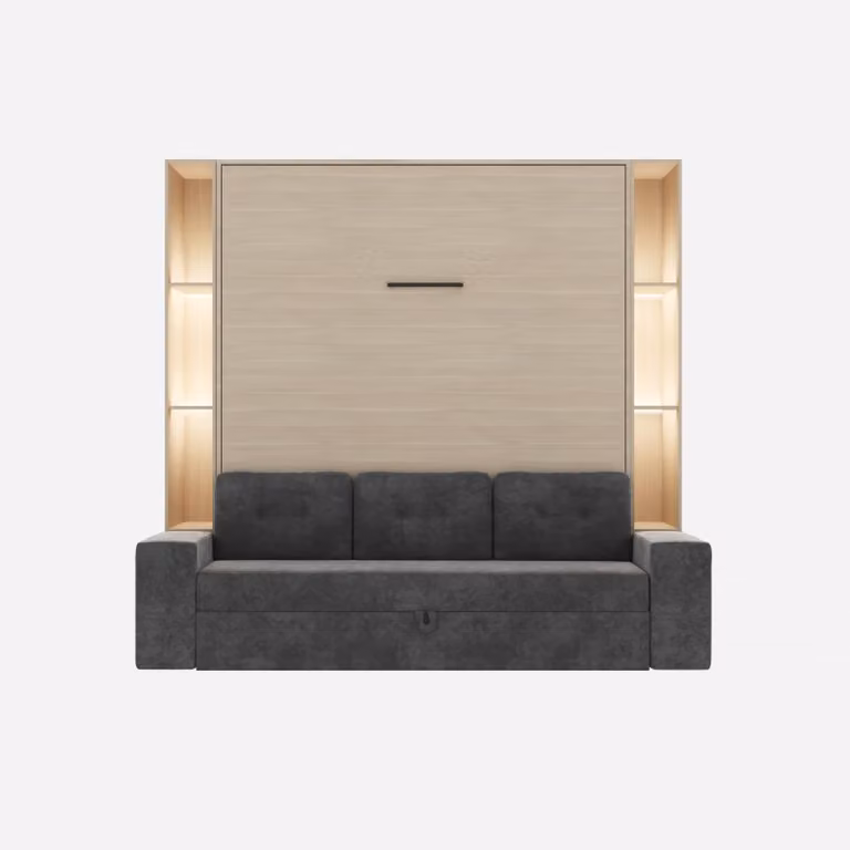SMARTBett SET Letto a scomparsa M3 160x200 (profondità 55cm) verticale incl. divano antracite + 2 mensole LED STA.2.0021 Quercia Kaiserberg