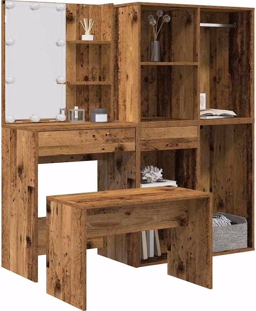 Set Tavolo da Toeletta con LED Legno Antico Legno Multistrato