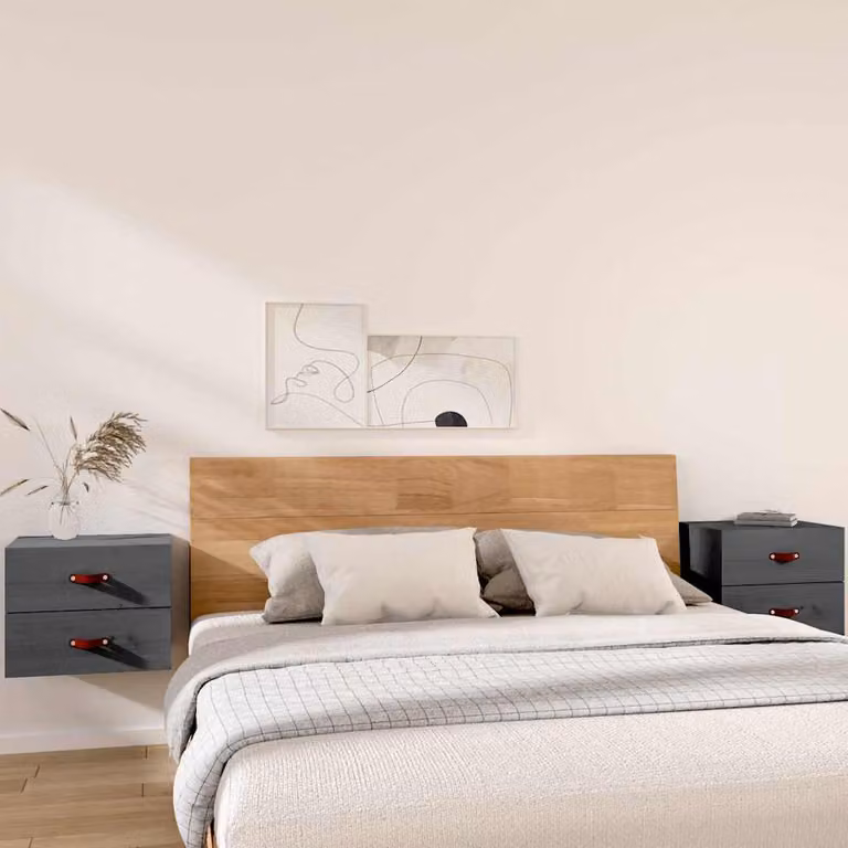 Set di 2 comodini da muro moderni vidaXL in legno di pino, colore grigio, L 50 cm x P 36 cm x H 40 cm