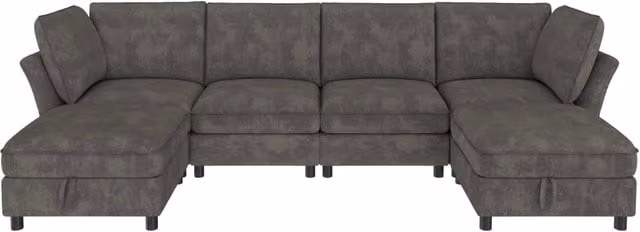 Divano angolare modulare a U/L 6 posti con pouf contenitore, rivestimento in ciniglia grigio, design Cloud, per soggiorno e camera da letto