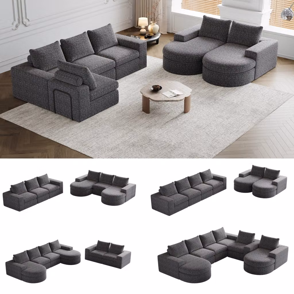 Divano angolare modulare MIVRAY con chaise longue reversibile in tessuto grigio e cuscini inclusi – 2