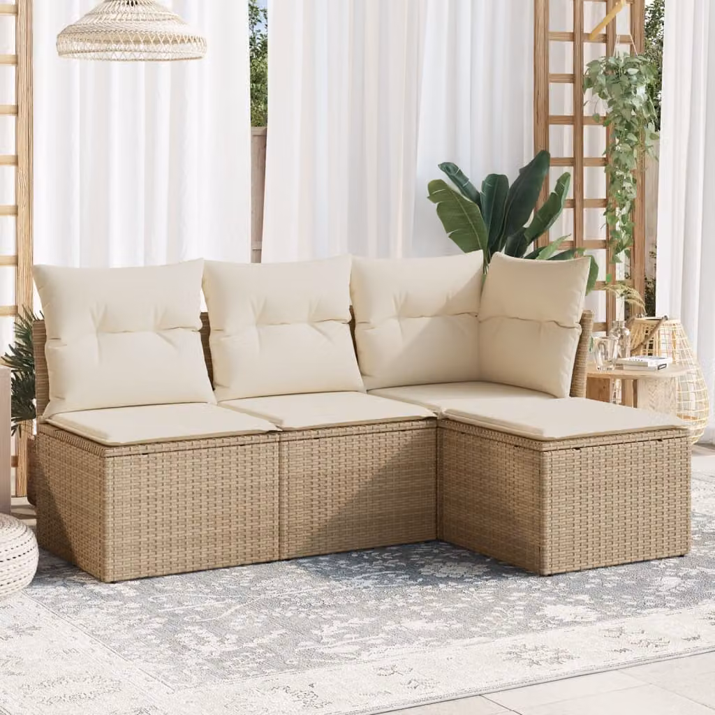 Set Divano da Giardino L-Shape vidaXL con Cuscini Beige e Ottoman in Polyrattan e Acciaio