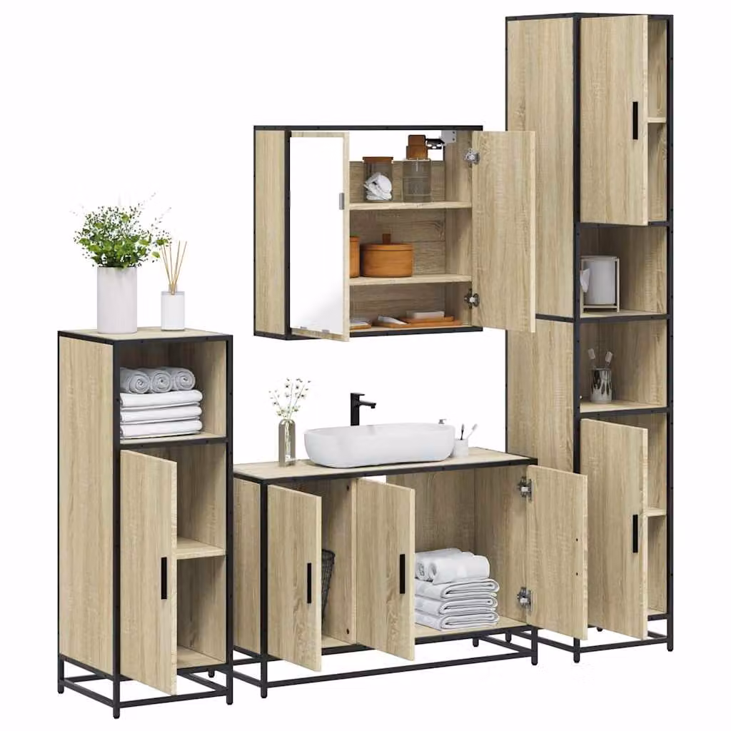 Set di mobili da bagno industrial vidaXL in legno e metallo marrone composto da 4 pezzi con armadietto specchio, mobile lavabo, mobile laterale e colonna alta