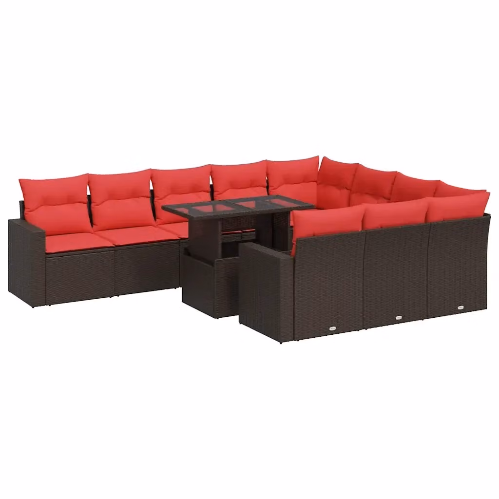 Set di Divani da Giardino vidaXL in Polyrattan Acacia Marrone con Cuscini e Tavolino da Esterno 11 Pezzi – 2