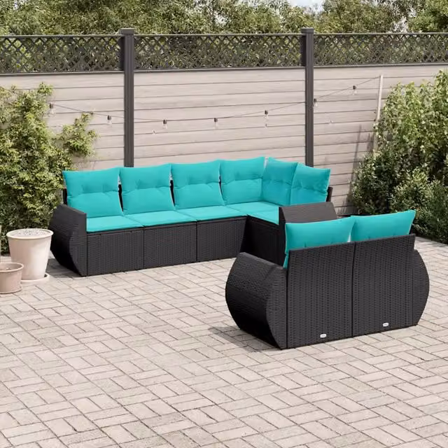 Set Divani da Giardino 7 pz con Cuscini Nero in Polyrattan 3221606