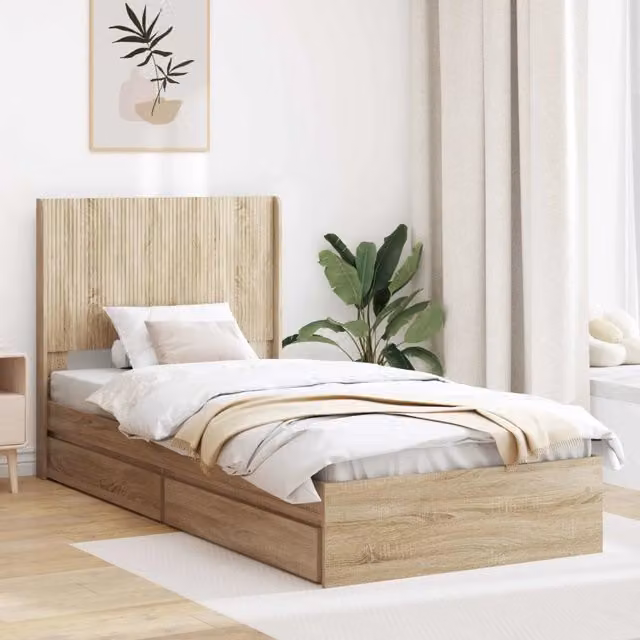 Letto con contenitore e testata vidaXL in legno Rovere Sonoma, L: 140 cm, P: 100 cm, H: 82 cm
