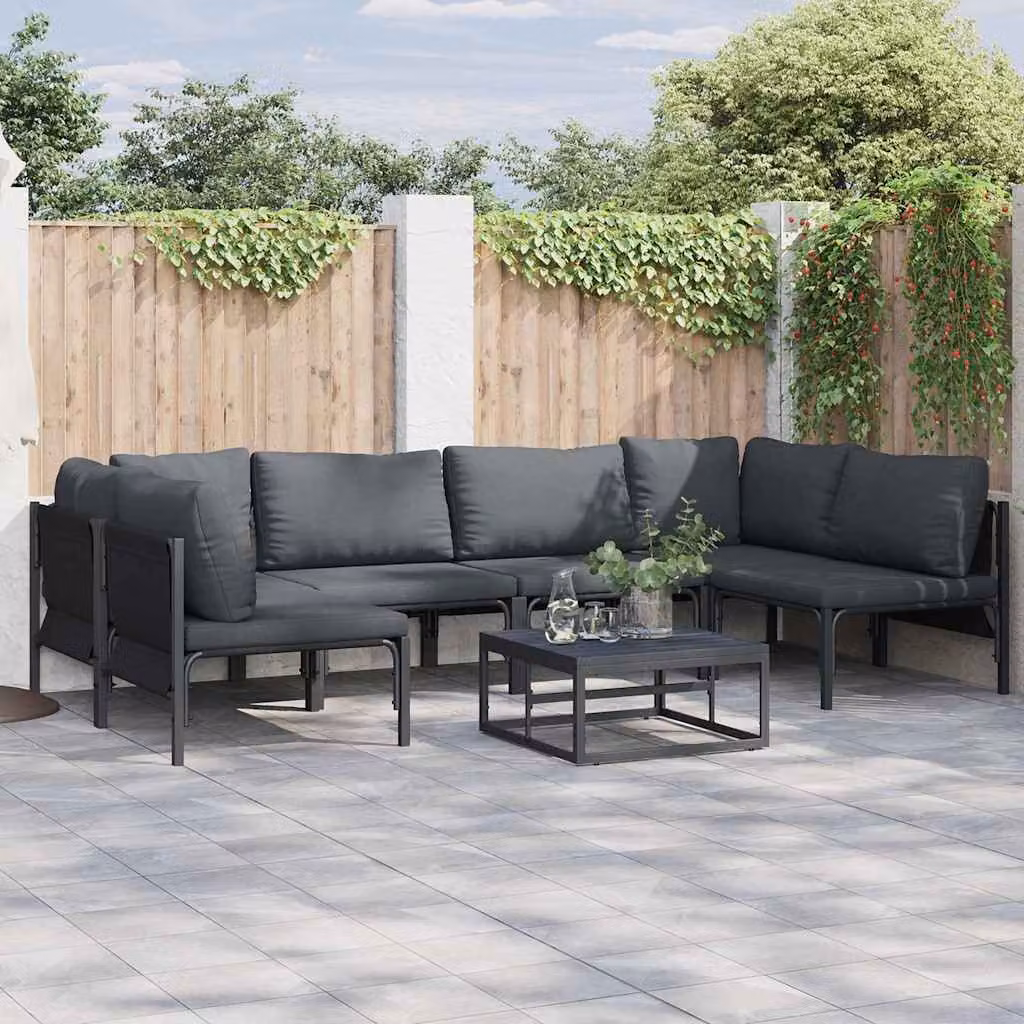 Set Divano da Giardino vidaXL 6 pz a Forma a L con Cuscini, Acciaio Verniciato Antracite e Nero