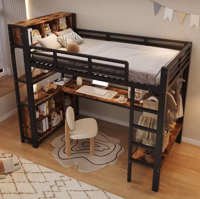 Letto a soppalco 90x200 cm in metallo e MDF nero con scrivania, senza materasso –