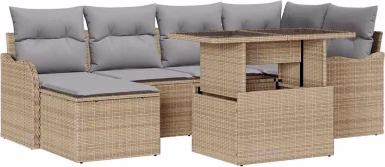 Set Divano da Giardino con cuscino 7 pcs Beige Poly Rattan