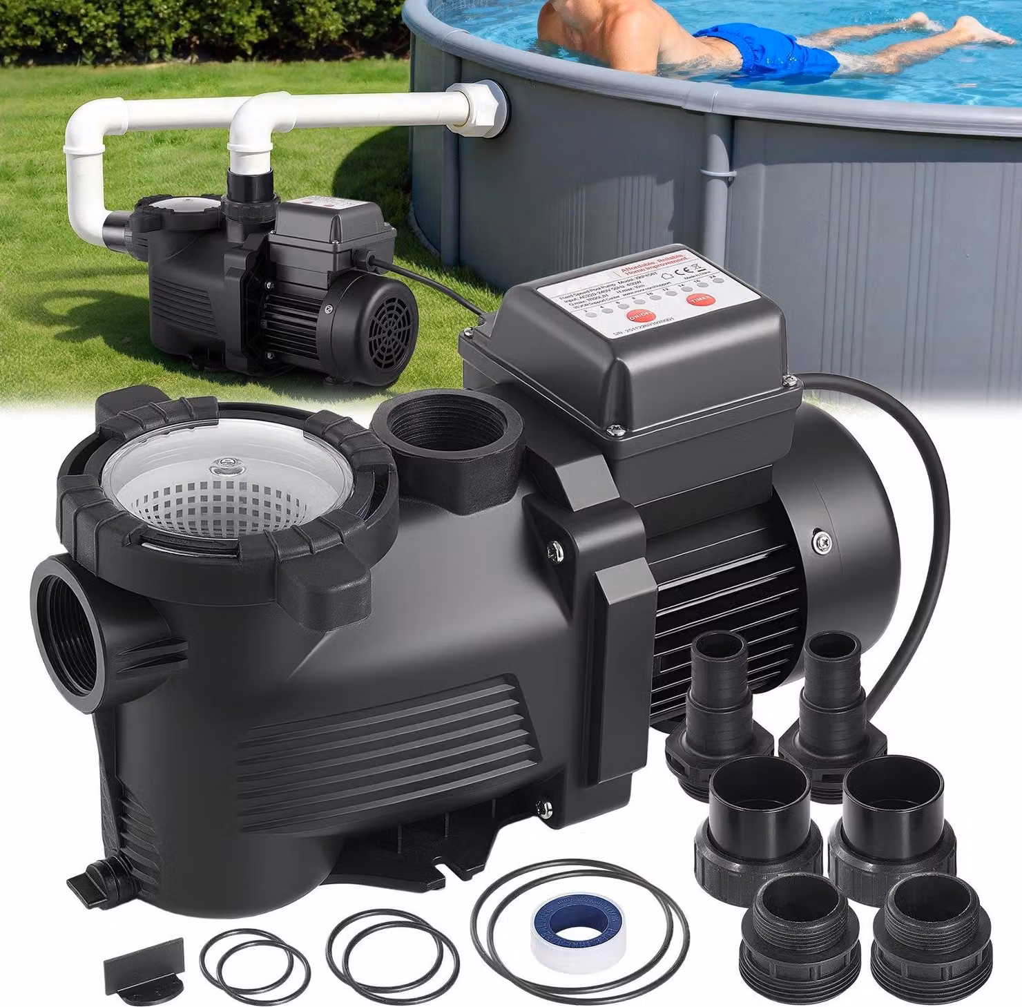 Pompa per piscina - Pompa filtro monostadio per piscina - Potenza 400 W - Portata 11.100 l/h - Prevalenza 10 m - Timer 24 ore - Con cestello filtrante - Adatta per piscine fuori terra e interrate