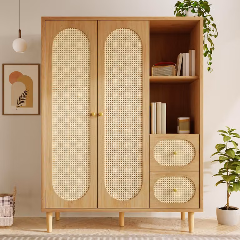 Armadio in rattan Flieks con appendiabiti e ante, armadio guardaroba con cassetti e ripiani aperti, rovere