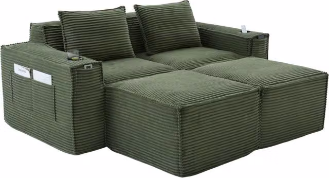 Divano modulare 2 posti con 2 pouf; portabevande e tasche in velluto a coste verde