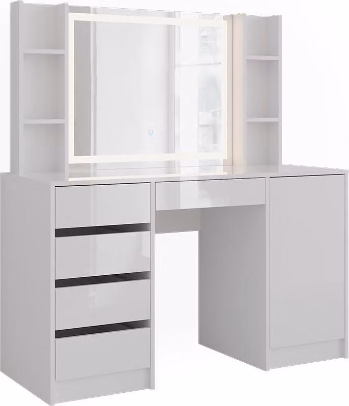 Tavolo da toeletta Vicco Sherry Bianco/Bianco lucido 128.2 cm con specchio a LED, Model 57645