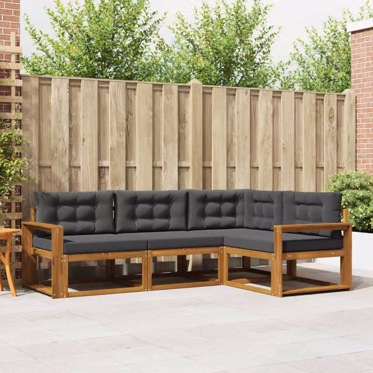 vidaXL Set di divani da esterno a L in legno di acacia con cuscini, colore marrone e antracite