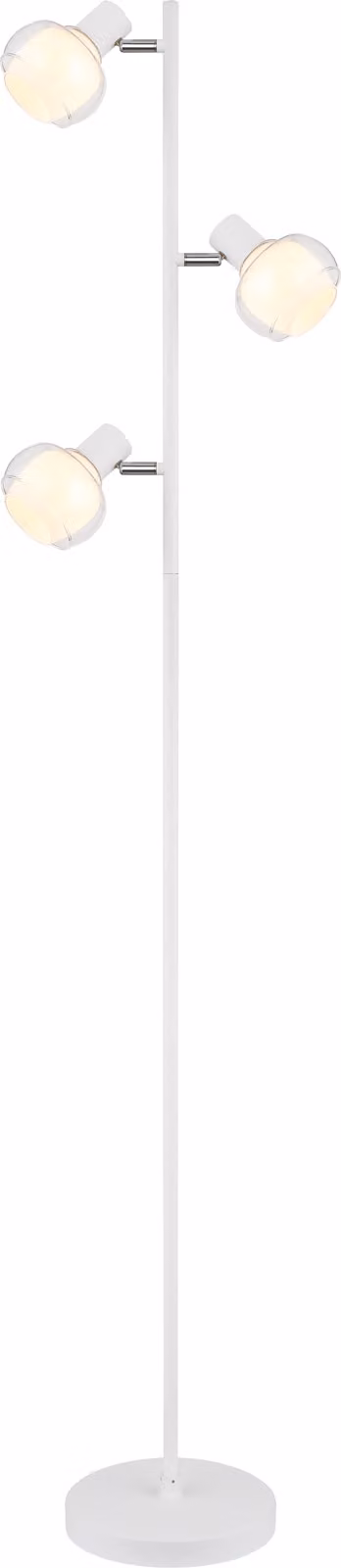 Lampada da terra Globo Lighting, struttura in metallo bianco opaco, dettagli cromati, vetro trasparente e vetro opale, cavo in PVC bianco, interruttore a pedale integrato nel cavo, dimensioni: 250x230x1540 mm, lunghezza del cavo: 1800 mm, esclusa lampadin