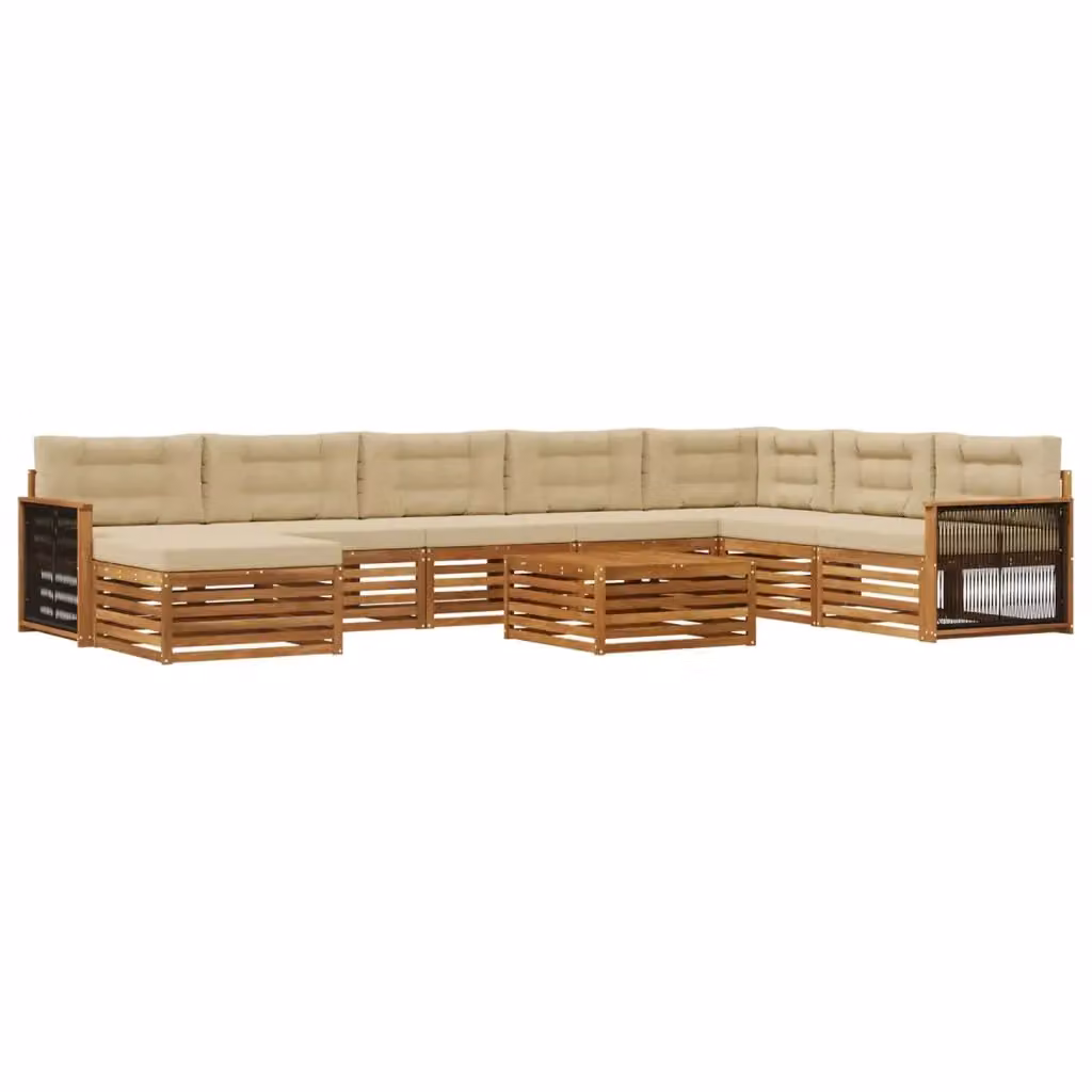 Set di divani da esterno a L vidaXL in legno di acacia oliato, colore beige e marrone, composto da 9 pezzi con cuscini e tavolino da caffè incluso – 2
