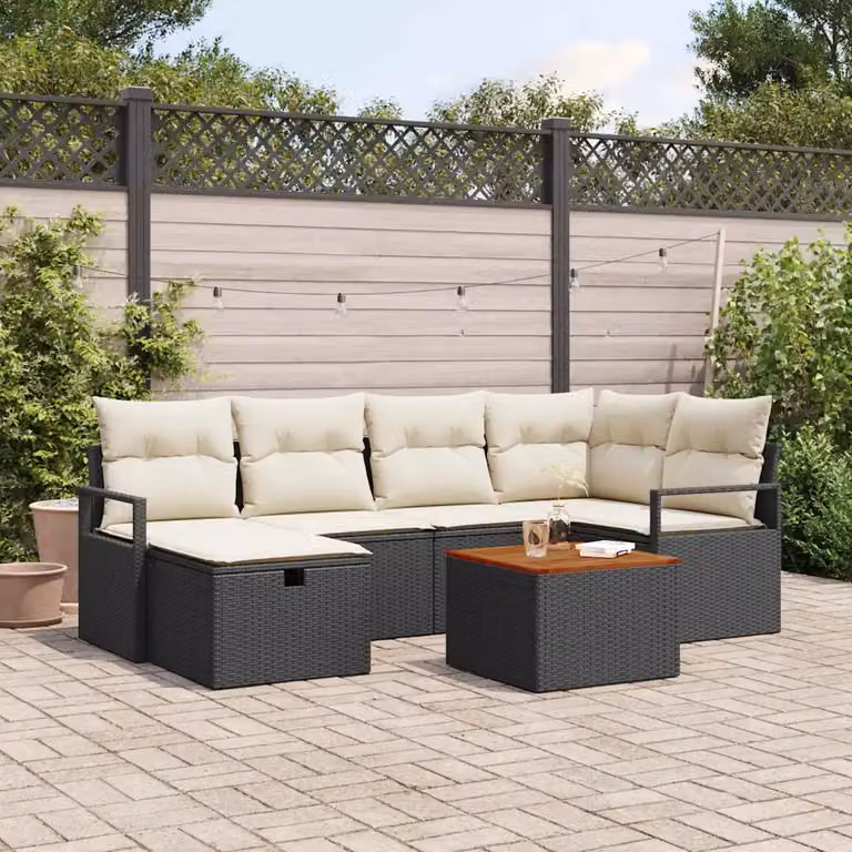 Set Divano da Giardino a L vidaXL in Polyrattan Nero con Cuscini e Tavolino da Esterno