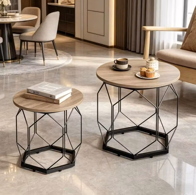Set 2 Tavolini da Salotto Rotondi con Vassoio Rimovibile, Grigio Effetto Legno