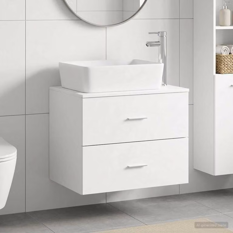 Set di mobili per il bagno moderno vidaXL bianco in MDF con cassetti e ante, sospeso, L: 62,5 cm, P: 44,5 cm, H: 50,0 cm