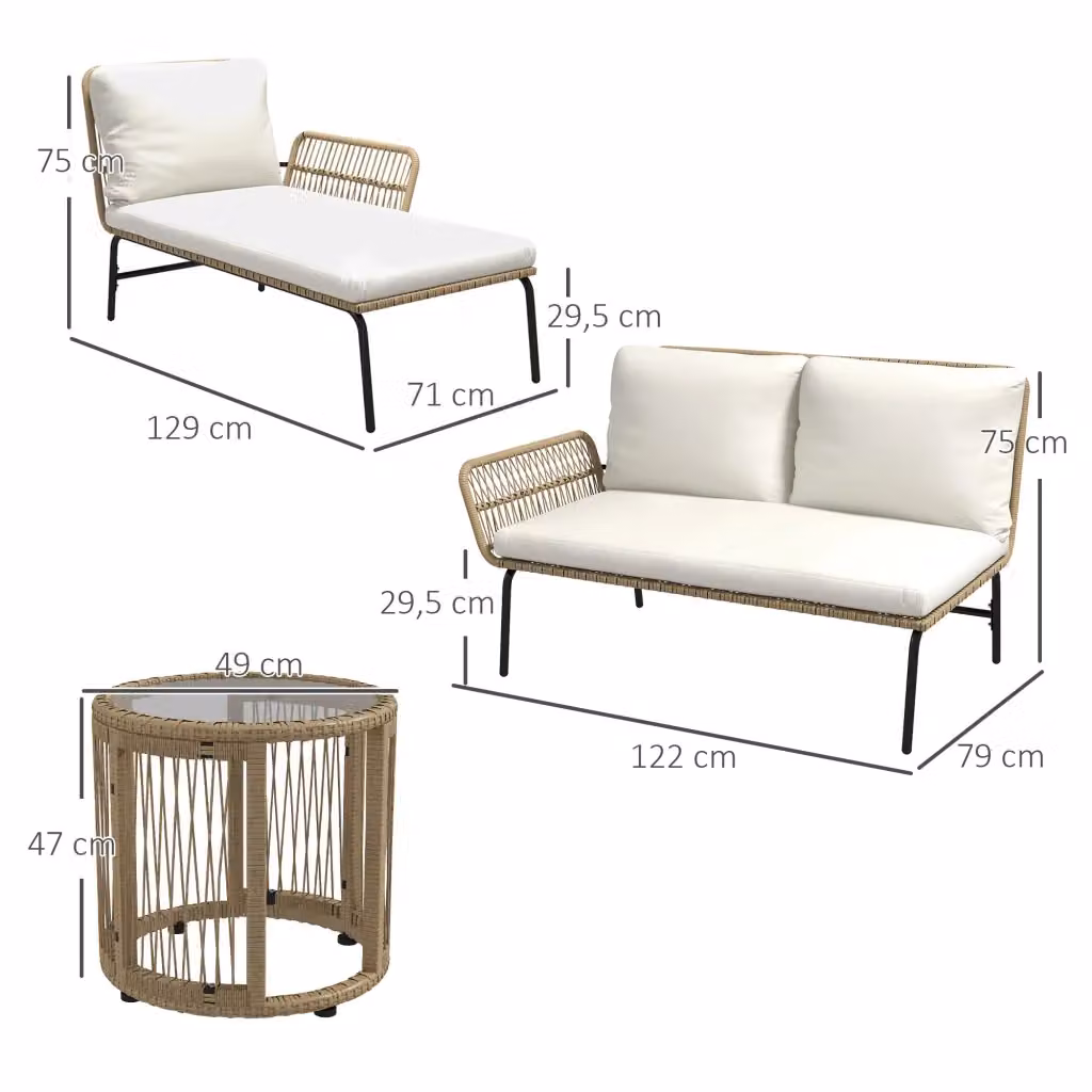 Set salotto da giardino WISHDOR a forma di L composto da divano 2 posti, poltrona lounge e tavolino con cuscini bianchi e struttura in metallo resistente ai raggi UV – 2