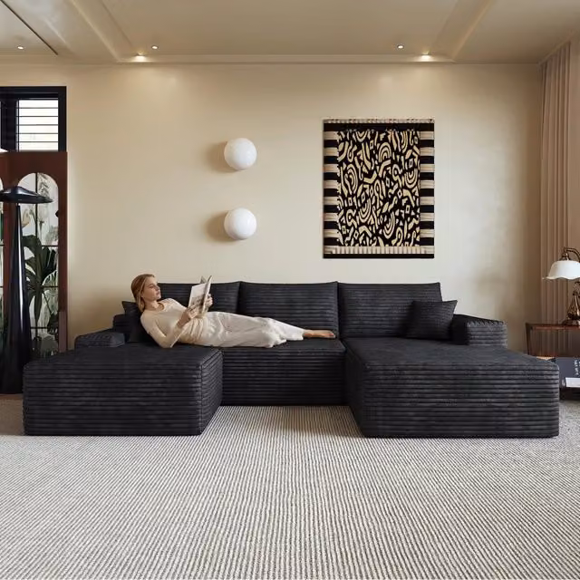 Divano angolare modulare a L con chaise longue 270 cm, velluto a coste, 4 posti, nero