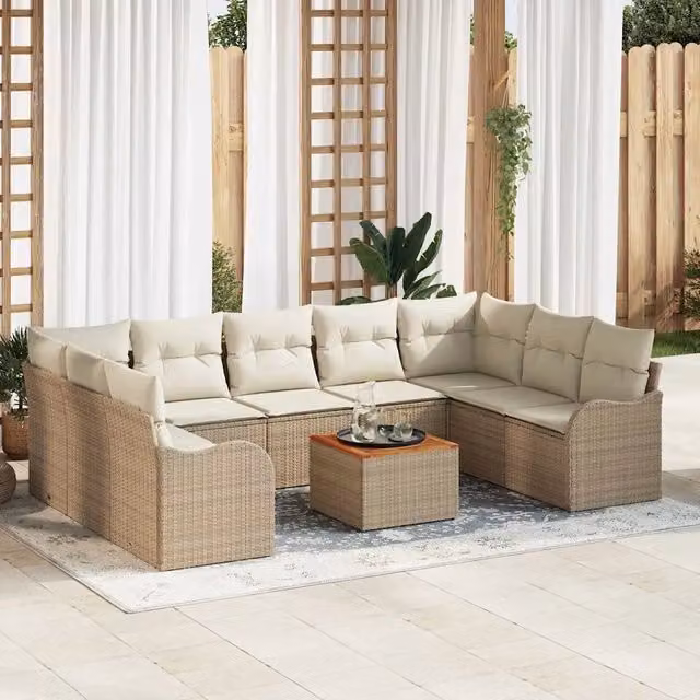 Set Divano da Giardino 10 Pezzi vidaXL Beige con Cuscini e Tavolino da Esterno in Polyrattan e Acciaio – 1