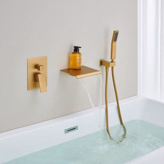 WEBO Deluxe miscelatore da incasso per vasca con doccetta, oro spazzolato opaco, design a cascata, comando a 2 pulsanti