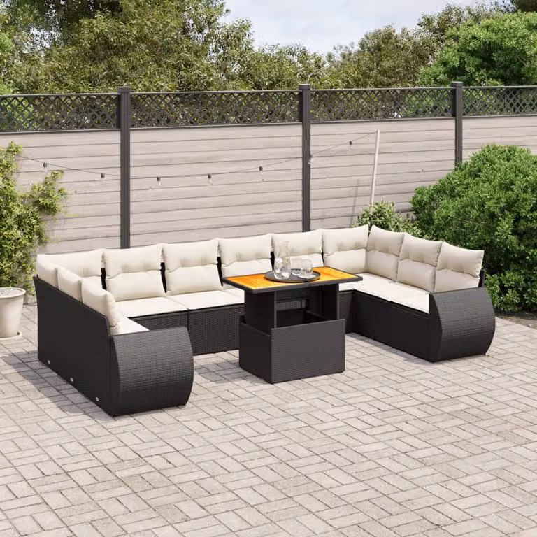 vidaXL Set Divani da Giardino a L 11 pz in Polyrattan e Legno di Acacia con Cuscini Bianchi e Tavolino Nero