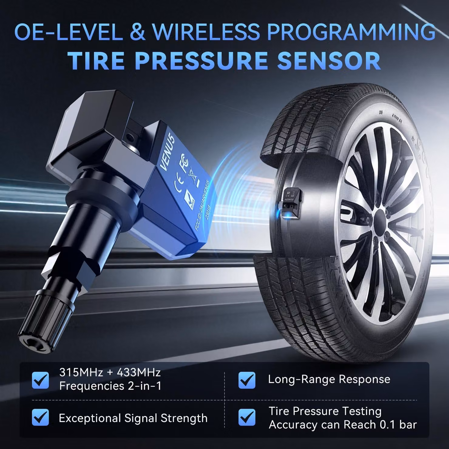 Set di 4 sensori TPMS programmabili, universali, per il controllo della pressione dei pneumatici