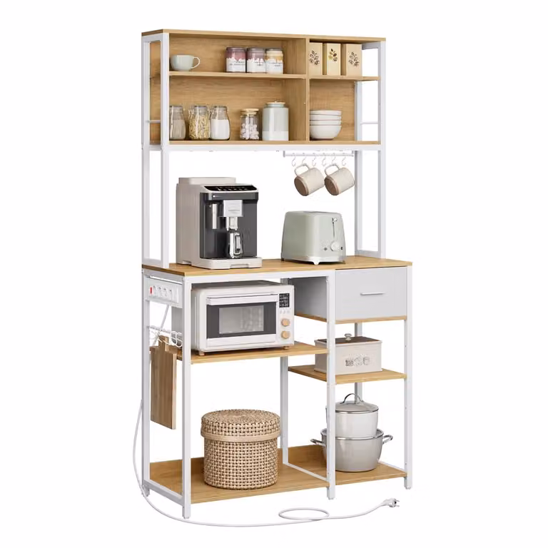 Scaffale Cucina con Multipresa, Rovere Dorato + Bianco Nuvola / 100l cm