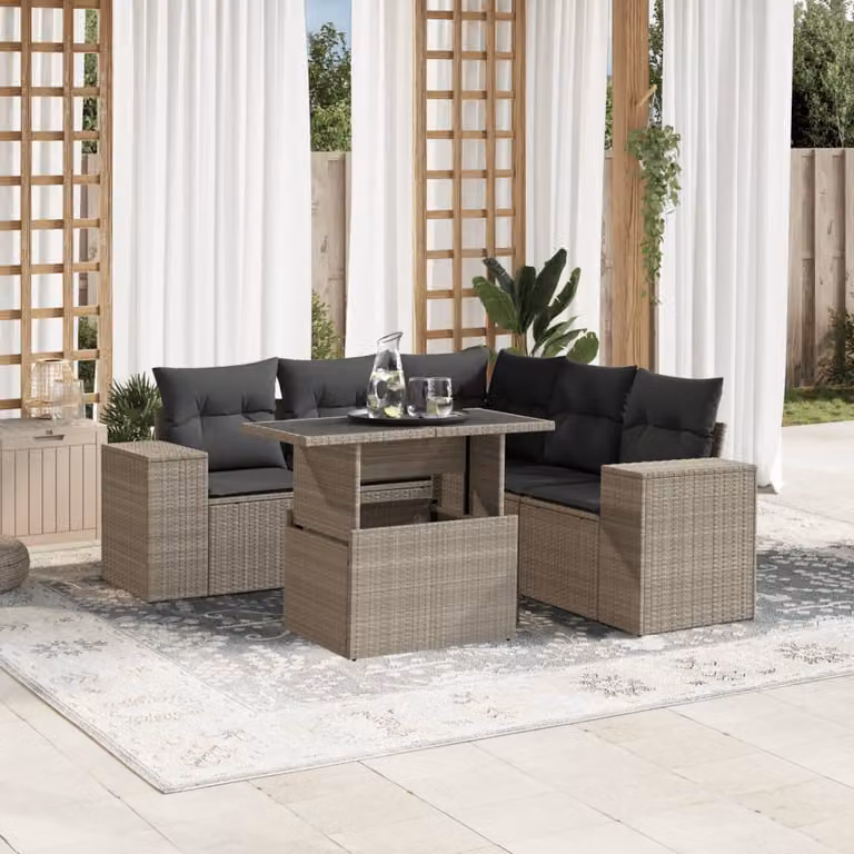 vidaXL Set Divano da Giardino a L in Polyrattan con Cuscini e Tavolino, 6 Pezzi, Grigio Antracite