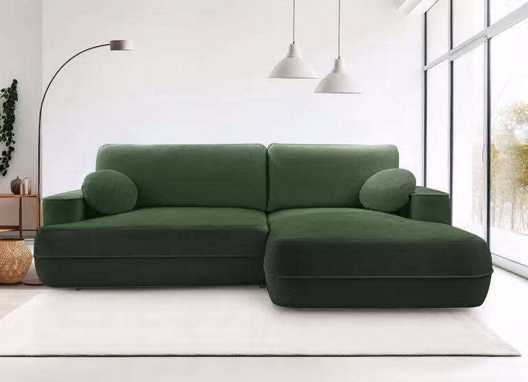 AX LIVING Divano angolare con funzione letto verde Peoni largo 267 cm elegante R
