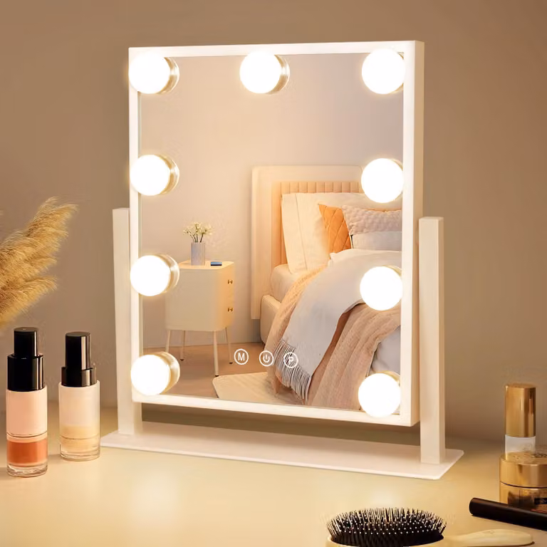 ZMH Specchio per il trucco con illuminazione Specchio Hollywood Specchio di vanità con 9 LED Piccolo specchio cosmetico con luce Rotazione a 360° Specchio da tavolo 3 modalità specchio per il trucco Specchio Touch Hollywood Dimmerabile