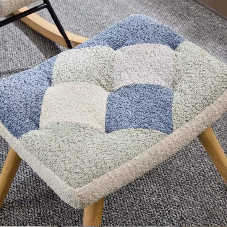 Poltrona Relax Dondolo Minimal con Poggiapiedi Coordinato in Tessuto Imbottito con Motivo Pied de Poule Multicolore