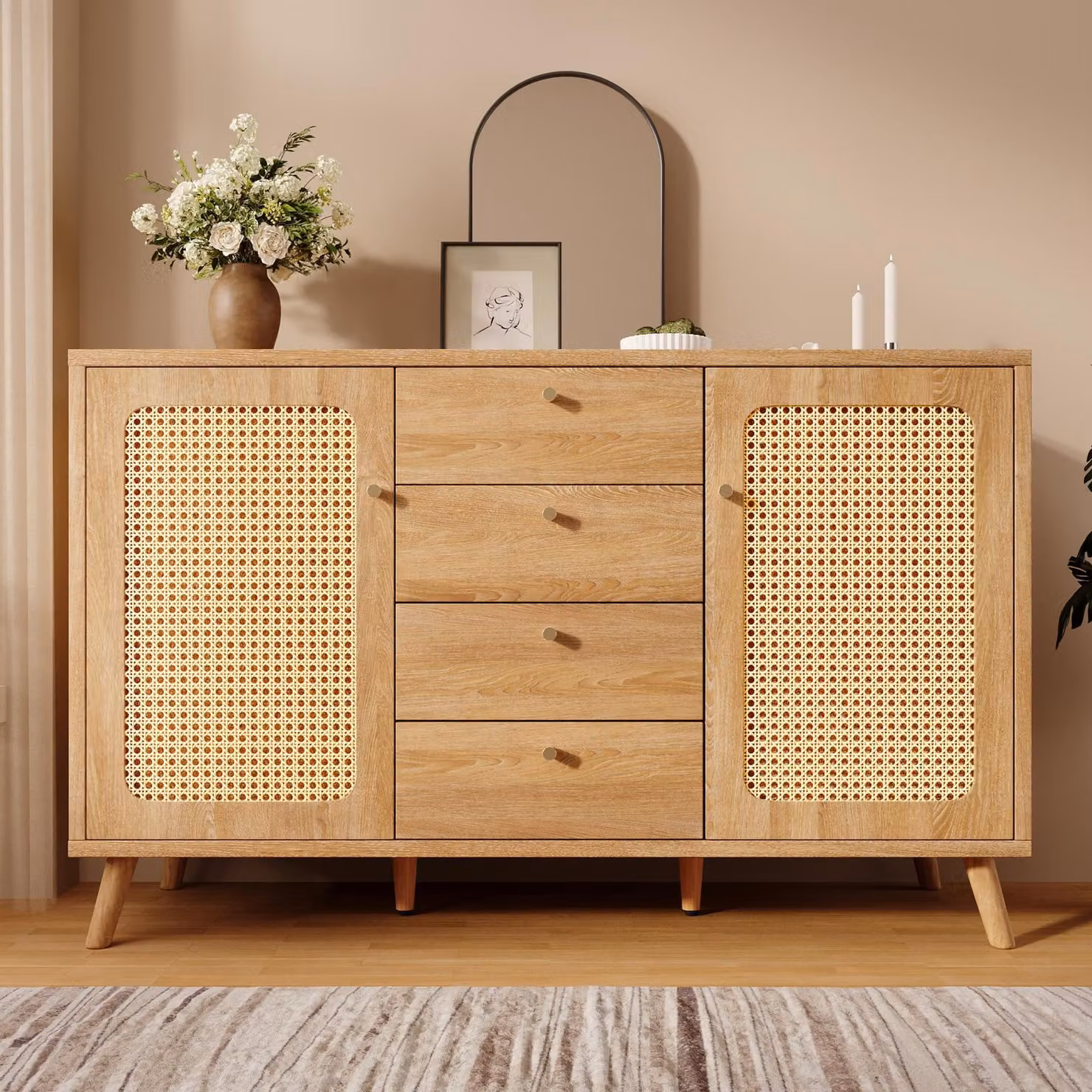 Comodino Flieks con 4 cassetti e 2 ante, credenza in rattan per il soggiorno con ripiani regolabili, rovere chiaro