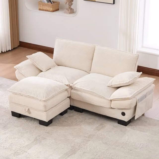 Divano 2 Posti con Poggiapiedi ¨C MINIMAL ¨C Beige, Tessuto, Cuscini