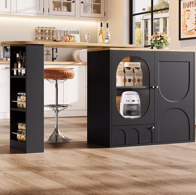 Isola cucina con piano girevole 360°, 3 ante, nero