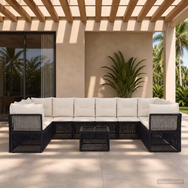 Set Divano da Giardino vidaXL 11 pz Nero con Poltroncine, Tavolino e Cuscini in Polyrattan e Acciaio