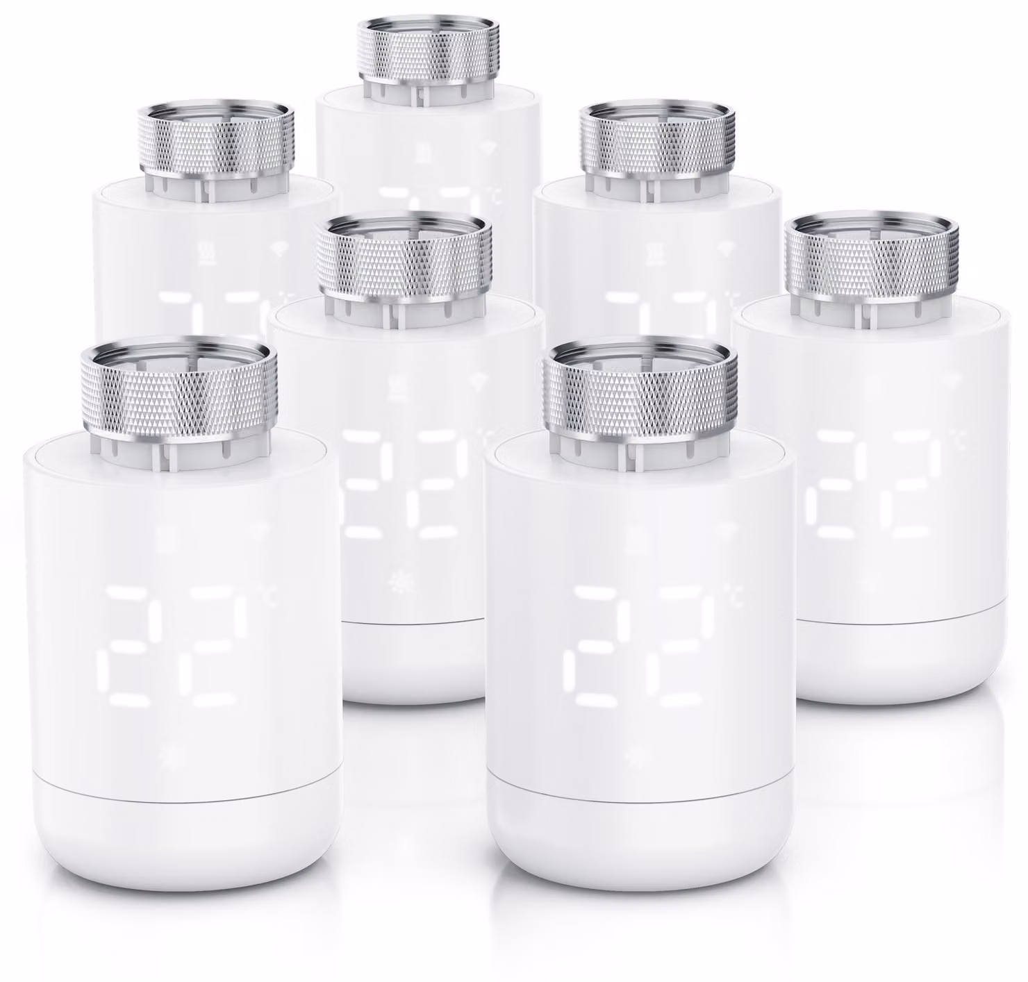 Set di 7 termostati per radiatori WLAN, con controllo tramite app, programmazione settimanale, display LED, manopola rotativa, rilevamento finestra aperta, protezione antigelo, termostato per riscaldamento, 7 pezzi, bianco