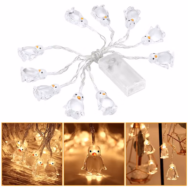 Catena luminosa a forma di pinguino, 10 LED, 1,65 metri, alimentata a batteria, luce bianco caldo