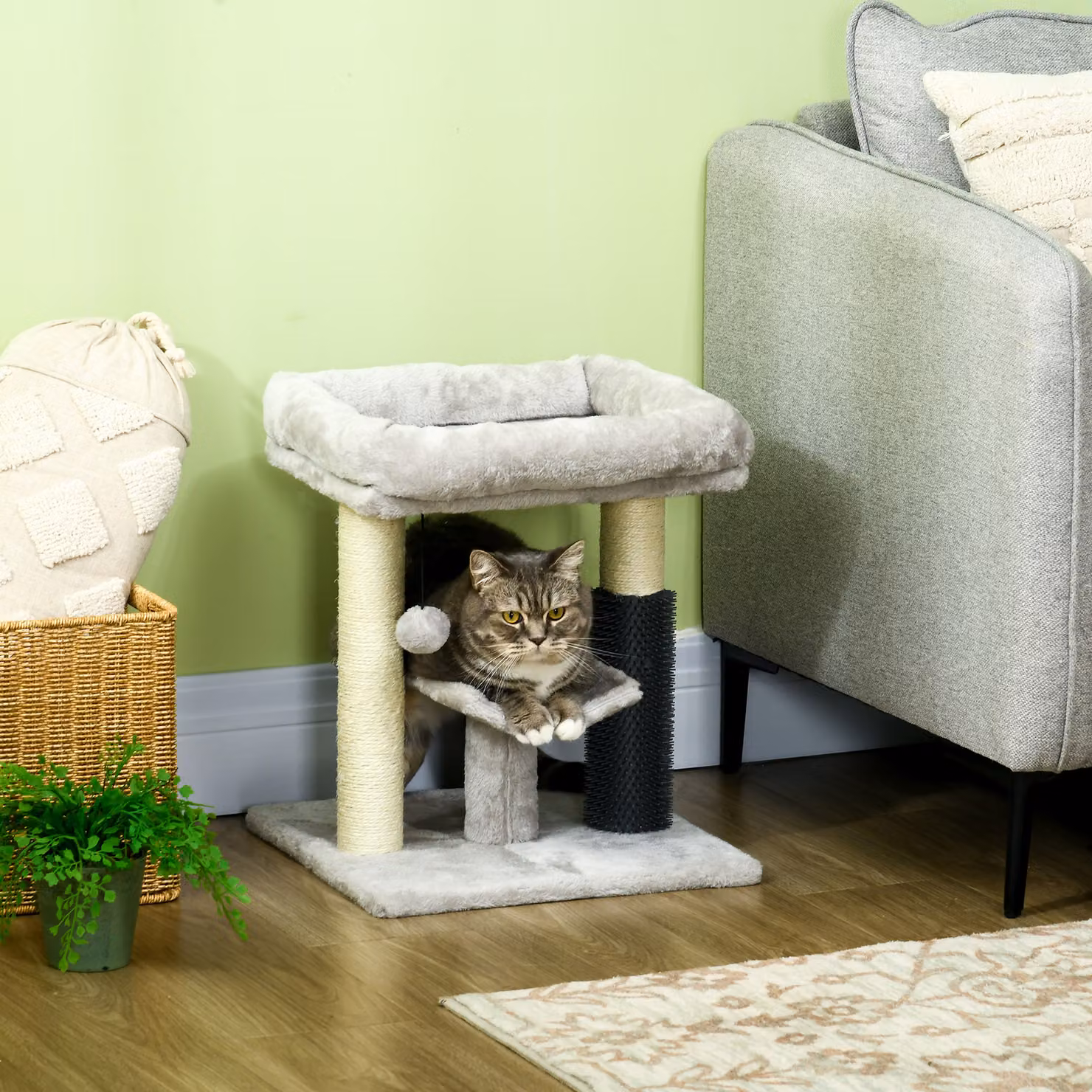 Albero Tiragraffi PawHut per Gatti con Lettino, Piattaforma, Spazzola e Palo in Sisal, Grigio, L 40 x P 40 x H 48 cm – 2