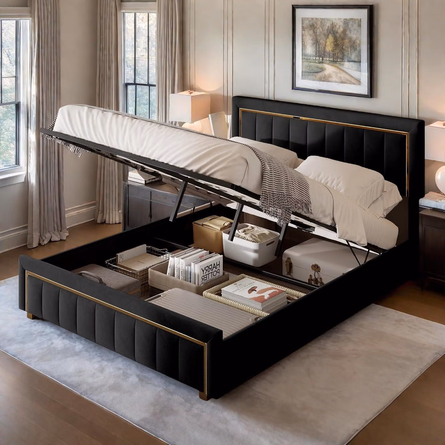Letto imbottito INONEFT, 140x200 cm, con base a molle e sistema di sollevamento idraulico, contenitore portaoggetti, rete a doghe in legno, adatto anche per ragazzi, rivestito in velluto, colore nero