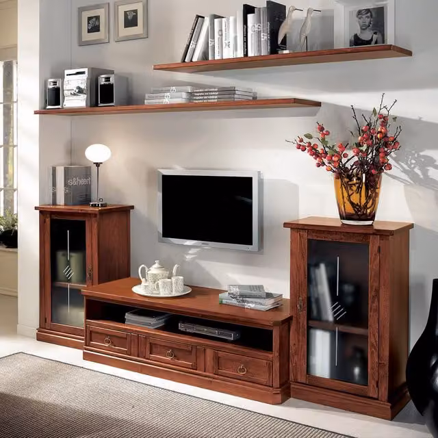 Parete attrezzata classica Mobili 2G in legno e vetro color marrone L: 249 cm, H: 150 cm, P: 53 cm