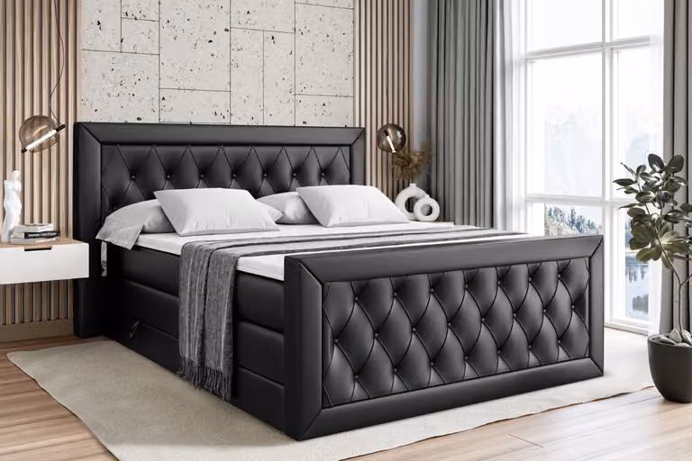 Letto boxspring ALTDECOR con materasso e rete a doghe, topper, pediera, letto imbottito con contenitore, letto con vano portaoggetti, materassi H3 e H4, letto boxspring - NOEL-Z KING - 140x200 - Ecopelle nera