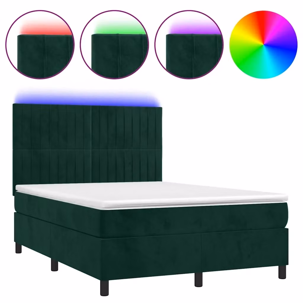 Letto matrimoniale con materasso ibrido vidaXL in velluto verde scuro con illuminazione LED sottostante e porta USB, L/P: 140 x 190 cm – 2