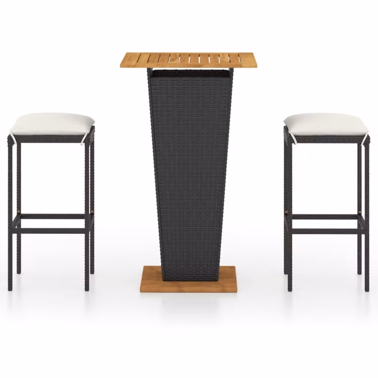 Set Bar da Giardino 3 pz con Cuscini in Polyrattan Nero